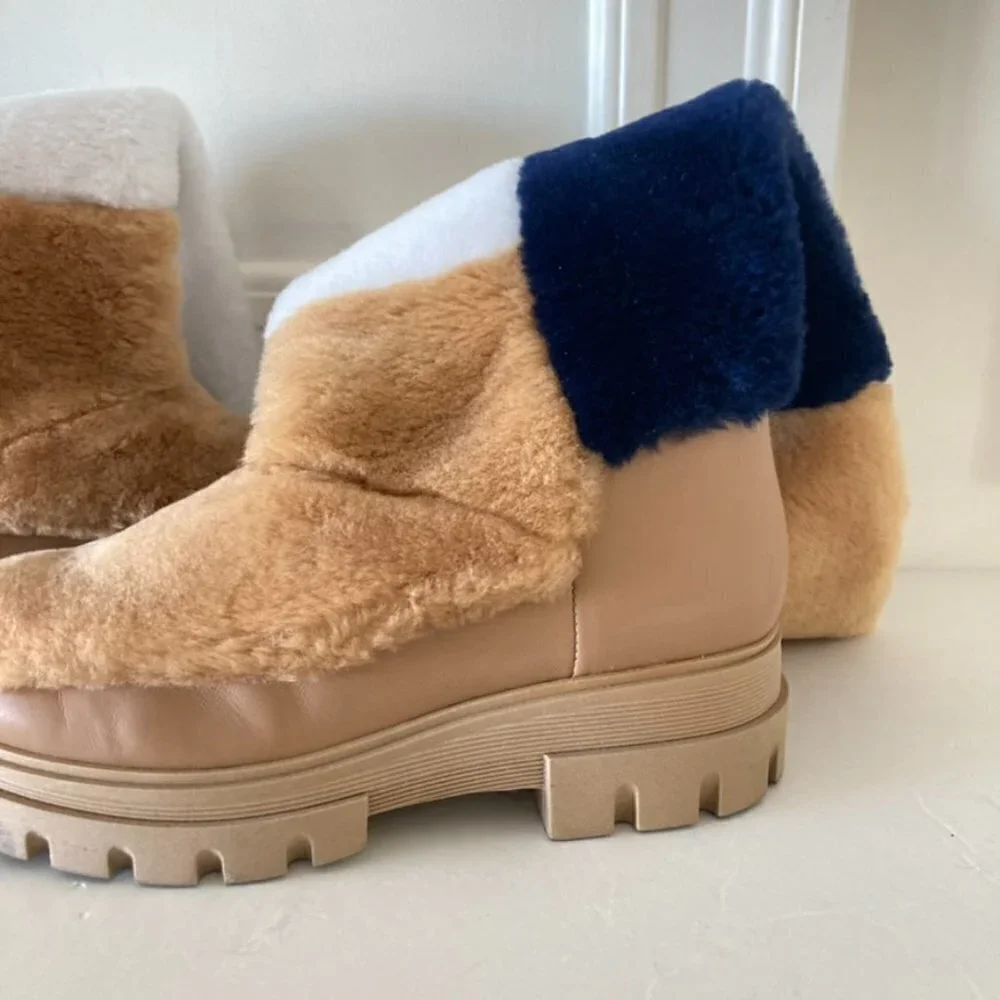 Free People Happy Thoughts Neutral Colorblock Shearling Boots Sz 38.5